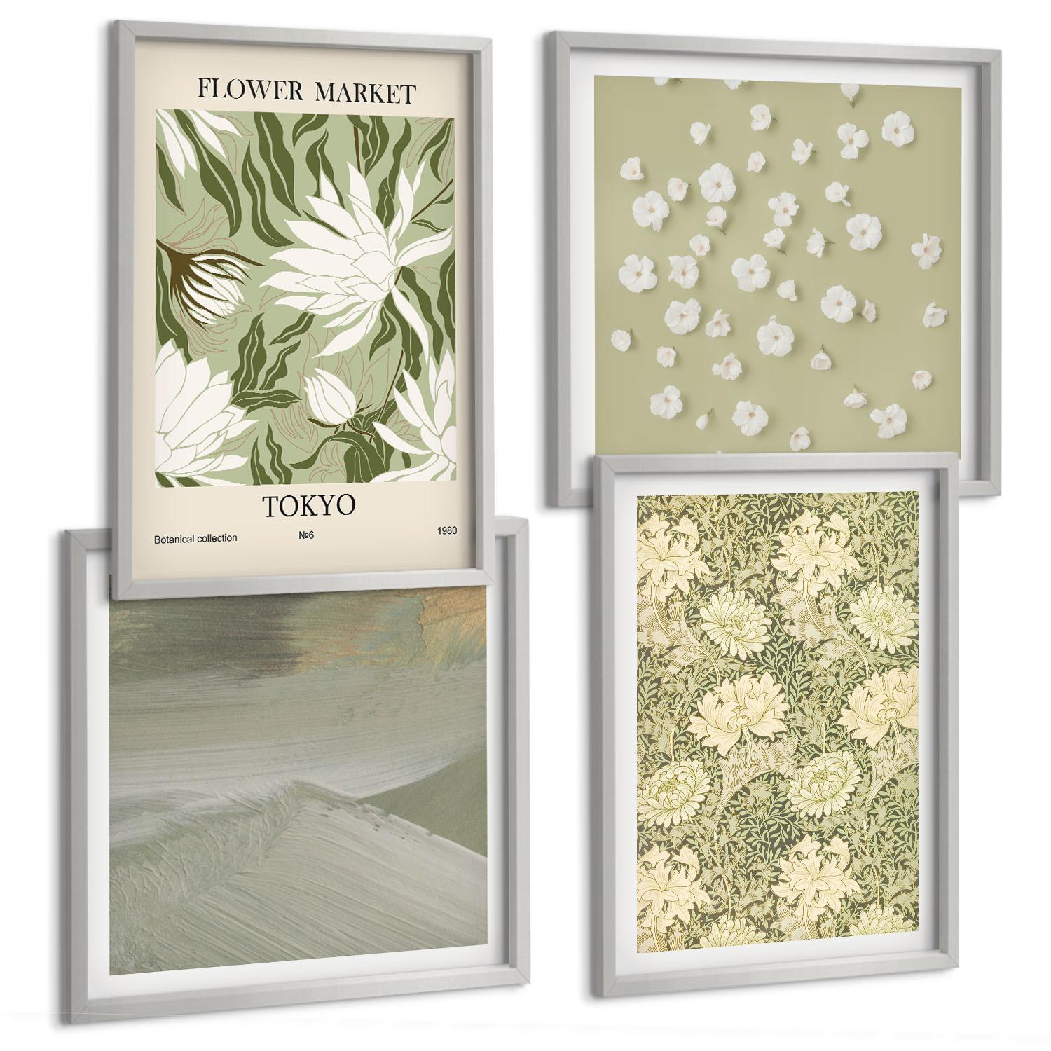 BILDER SET 4er Set - 50x50 cm & 40x60 cm Silberner Rahmen - Florale Abstraktionen im Boho-Stil - Silberfarben, Kunststoff (50/50cm) - TULUP