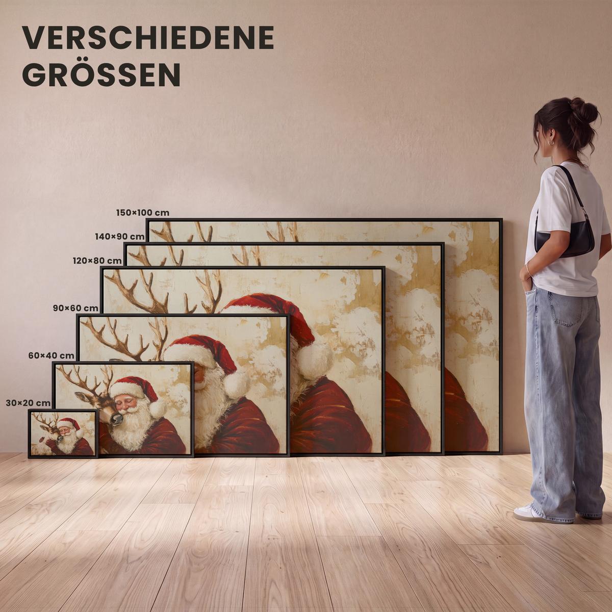 LEINWAND Bilder mit Rahmen - Weihnachtsmann - Rentier - Weihnachten - 150x100 - Rotbraun, Textil (150/100cm) - MuchoWow