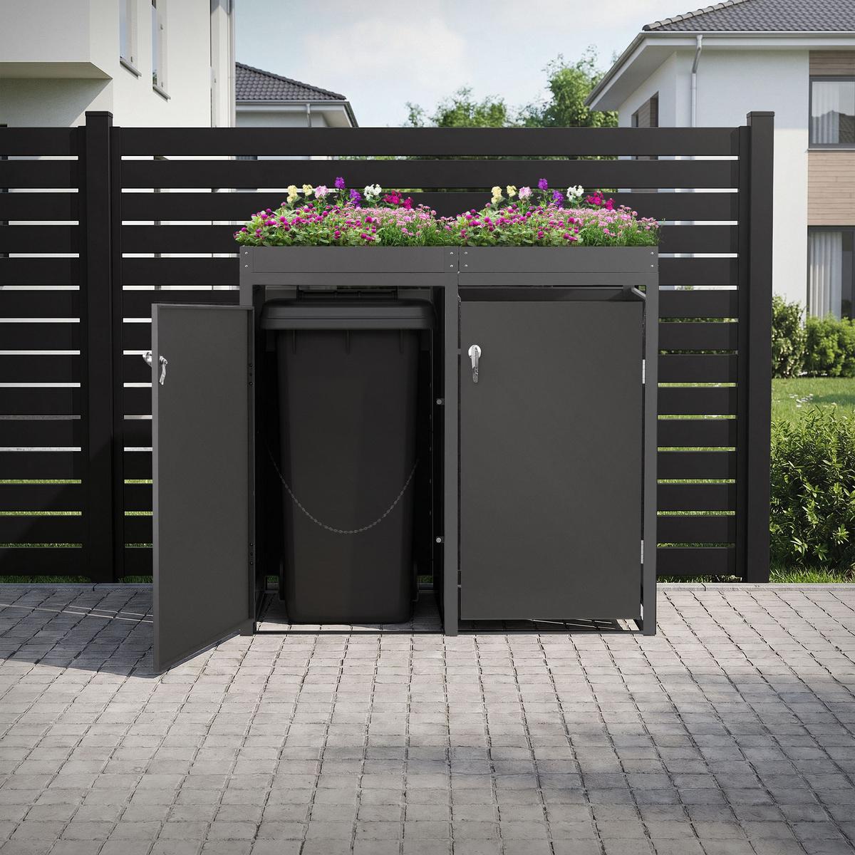 MÜLLTONNENBOX 2er mit Pflanzdach Anthrazit - Anthrazit, Metall (132/124/80cm) - ML-DESIGN