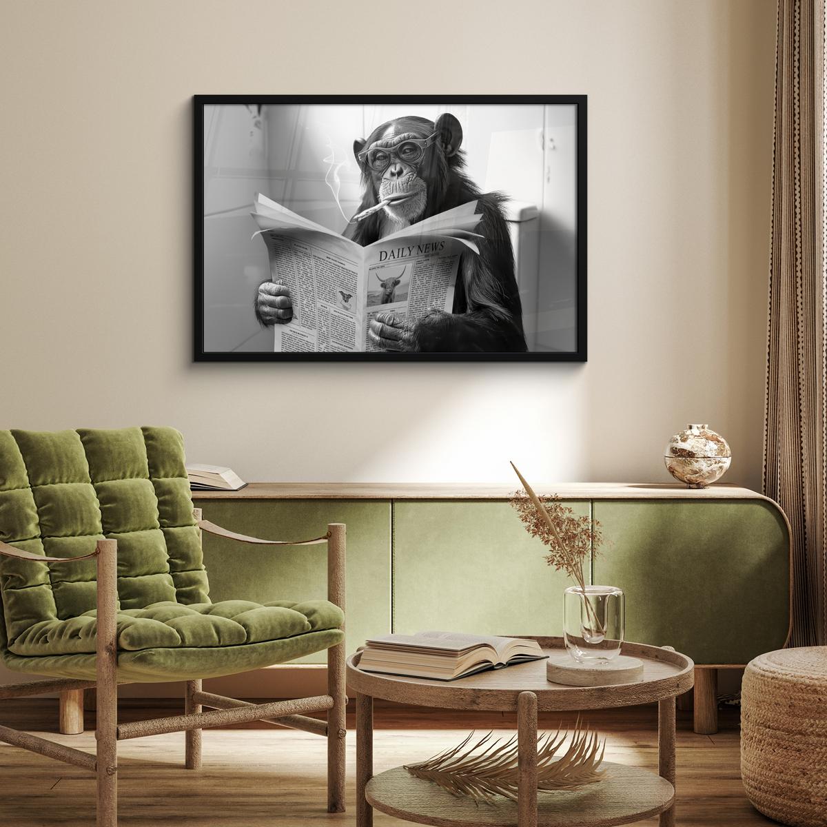 POSTER MIT RAHMENGERAHMTES BILD Affe - WC - Zeitung - Schwarz-Weiß - Humor 90x60 cm - Hellgrau, Papier (90/60cm) - MuchoWow