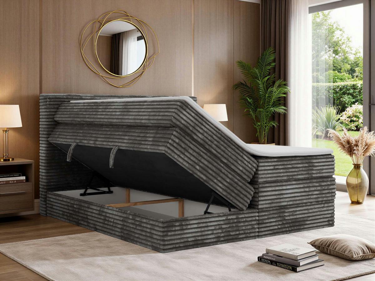 BOXSPRINGBETT TILION KING 180/200 - Grau Cord - Topper Visco - H4 - Schwarz/Grau, Kunststoff/Textil (180/200cm) - MKS