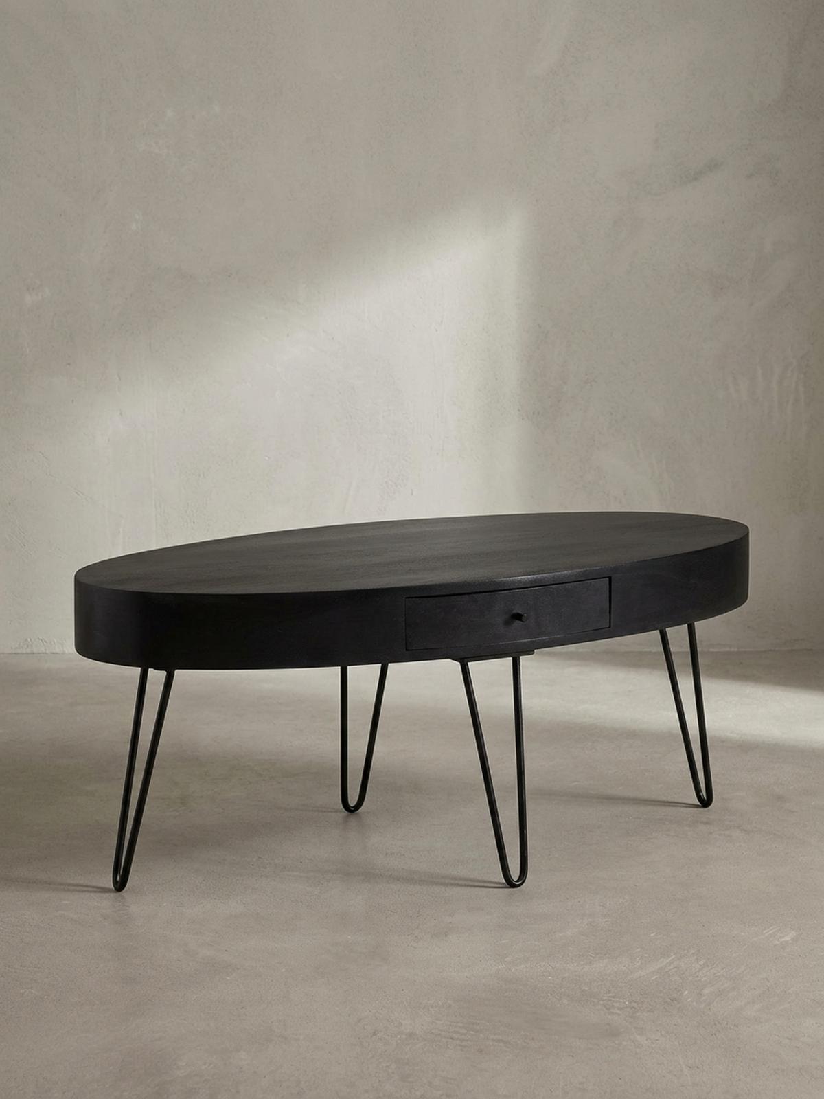 COUCHTISCH in Mango-Massivholz und Metall, 100x50x40 cm, Oval, mit Schublade, Stauraum und Haarnadelbeinen - Schwarz, Holz/Metall (50/100/40cm) - KADIMA DESIGN