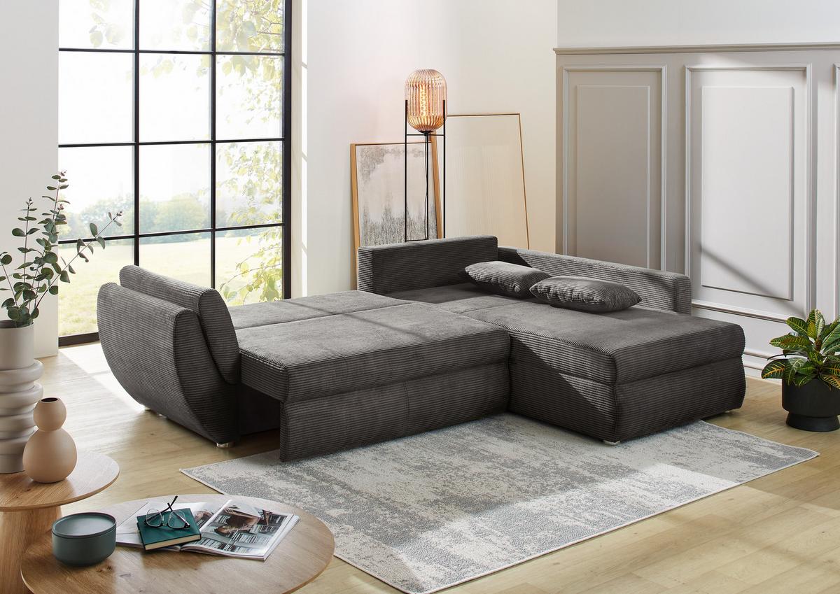 ECKSOFA mit Schlaffunktion und Bettkasten, seitenverkehrt montierbar B272/T200/H88 cm, Liegefläche 128x224 cm, Cord Dunkelgrau / 15226 - Chromfarben/Dunkelgrau, Kunststoff/Textil (272/200cm) - luma-home