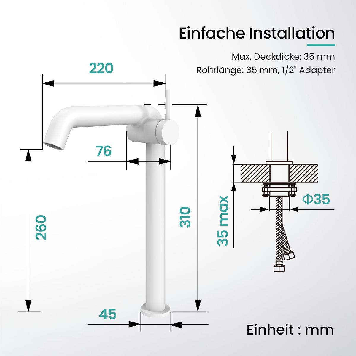 WASCHTISCHARMATUR Wasserzulaufrohr aus Edelstahl Weiß Matt 31/22 cm - Weiß, Metall (22/7.6/33.2cm) - EMKE