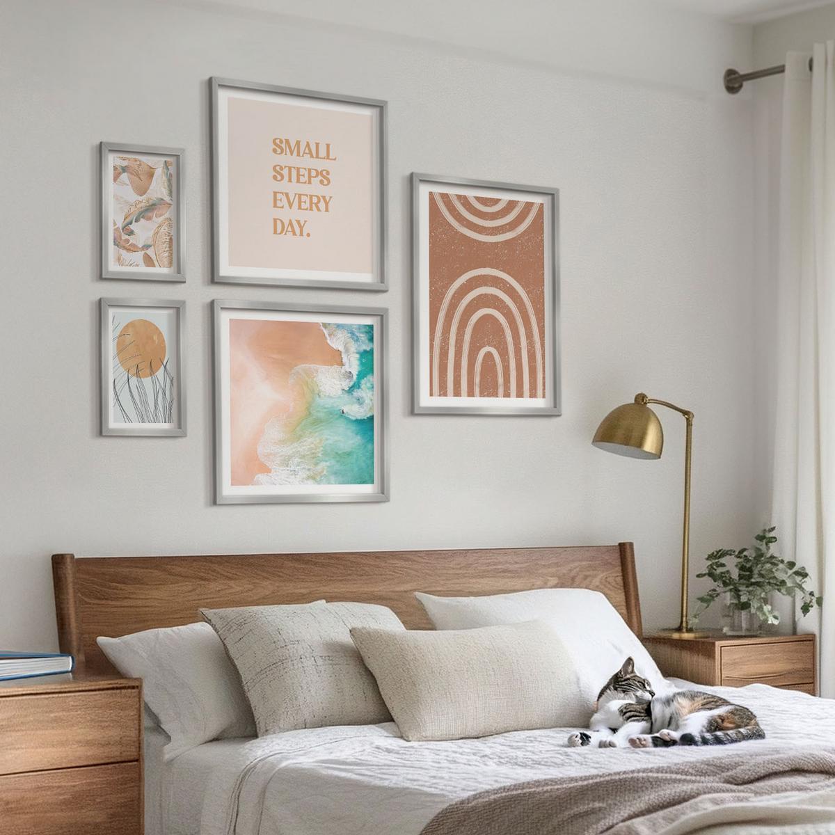 BILDER SET 5er Set - 50x50 cm & 20x30 cm & 40x60 cm Silberner Rahmen - Familie liebt Zuhause Aquarell - Silberfarben, Kunststoff (40/60cm) - TULUP