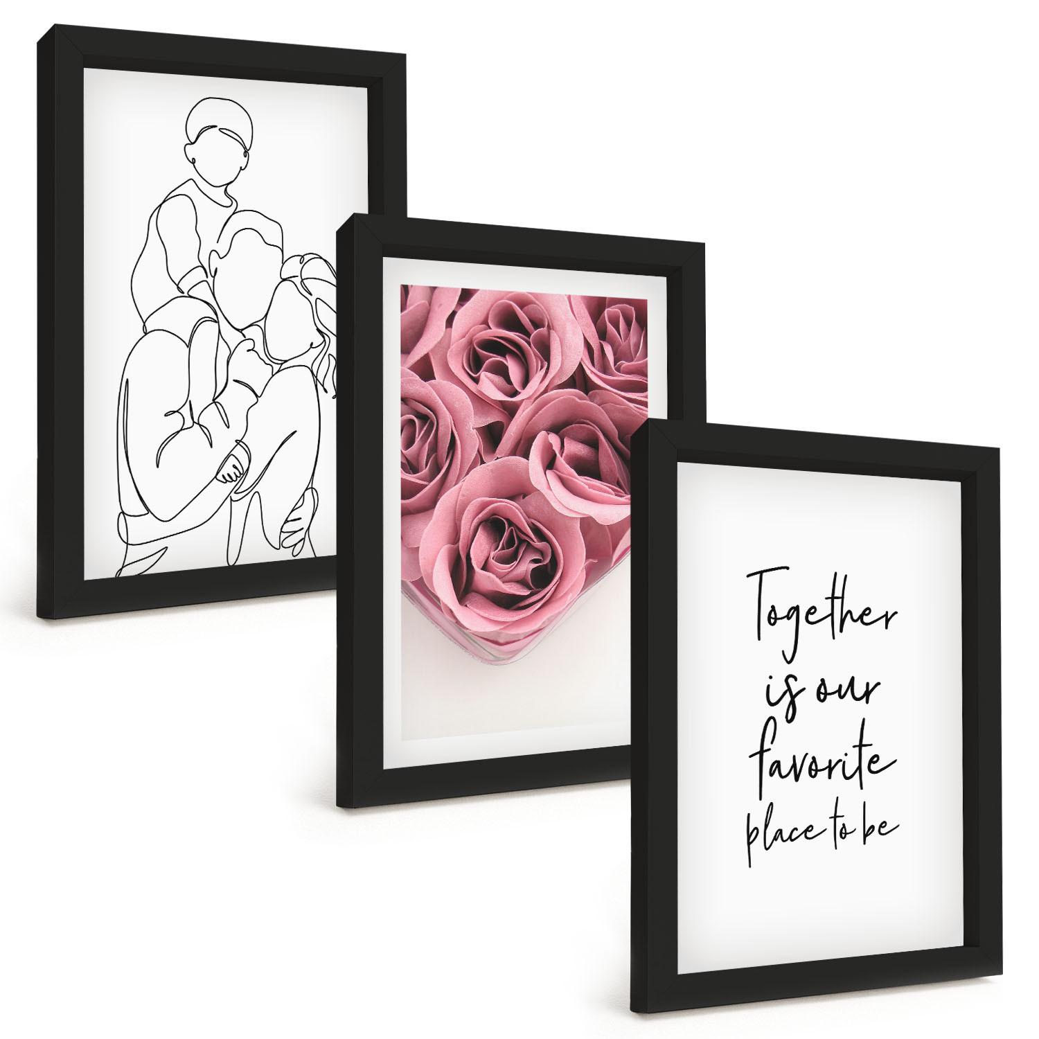 BILDER SET 3er Set - 20x30 cm Schwarzer Rahmen - Rosensträuße als Familienzeichnung - Schwarz, Kunststoff (20/30cm) - TULUP