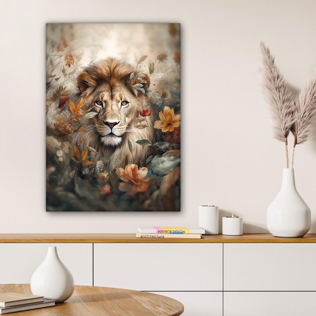 LEINWANDBILD Löwe - Wildtiere - Pflanzen - Natur - Blumen Wandbild Wohnzimmer 60x80 cm - Beige, Textil (60/80cm) - MuchoWow