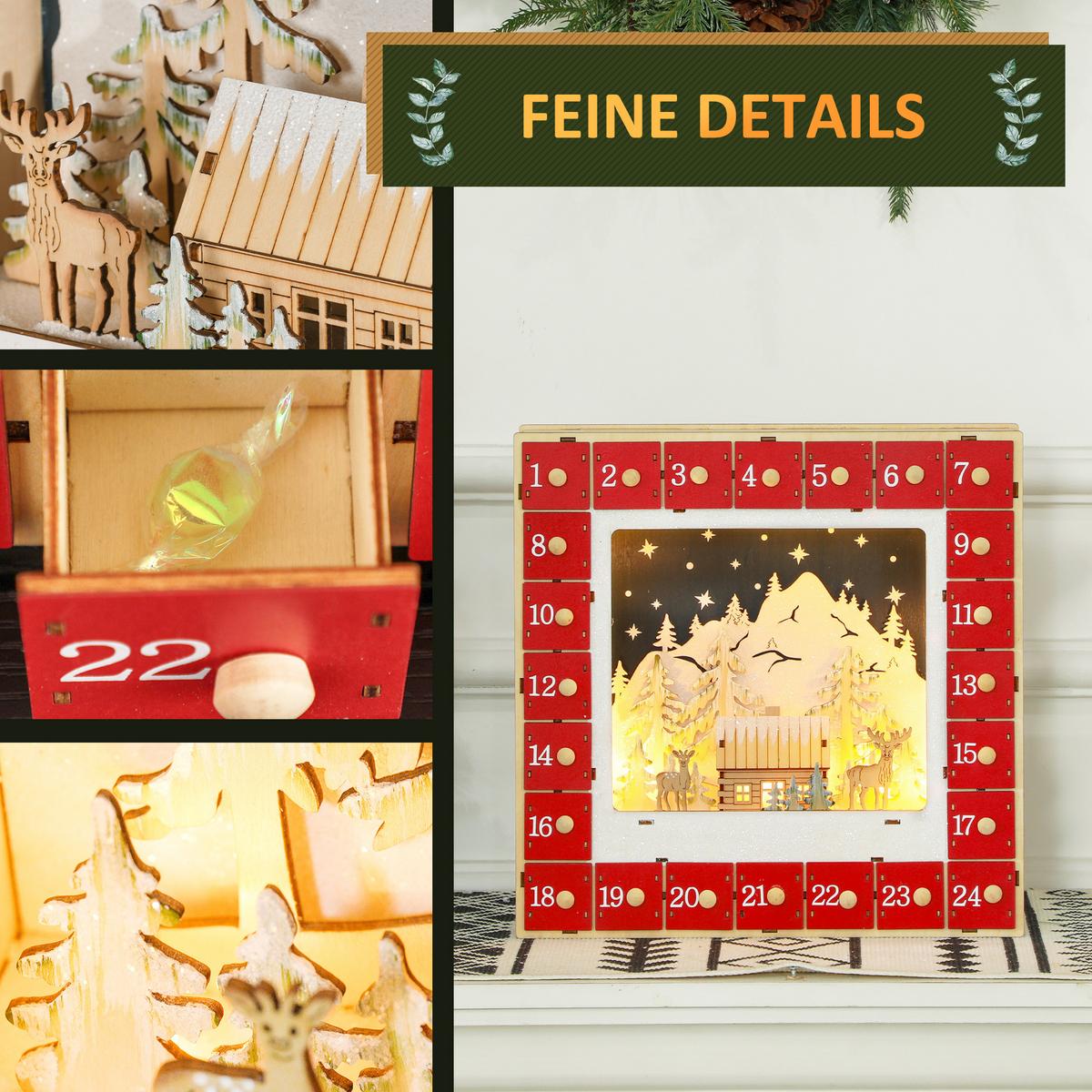 ADVENTSKALENDER Weihnachtskalender 24 Schubladen mit LED-Lichtern MDF Rot - Rot, Holzwerkstoff (7/34/34cm) - HOMCOM