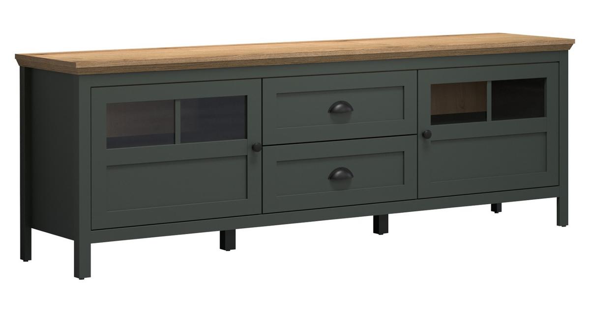 TV-LOWBOARD grün, Evoke Eiche Landhaus 184 x 64 cm, TV Unterteil inklusive LED Beleuchtung - Eichefarben/Schwarz, Holzwerkstoff/Kunststoff (184/64/45cm) - Top.Furn
