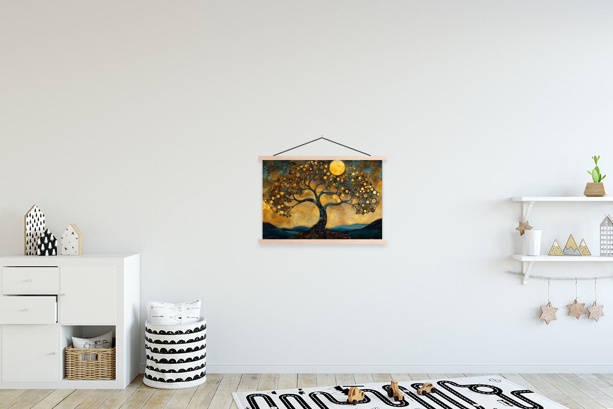 POSTER MIT MAGNETLEISTEN Baum - Mond - Blumen - Gold - Kunst Wandbilder 60x40 cm - Orange, Textil (60/40/0.15cm) - MuchoWow
