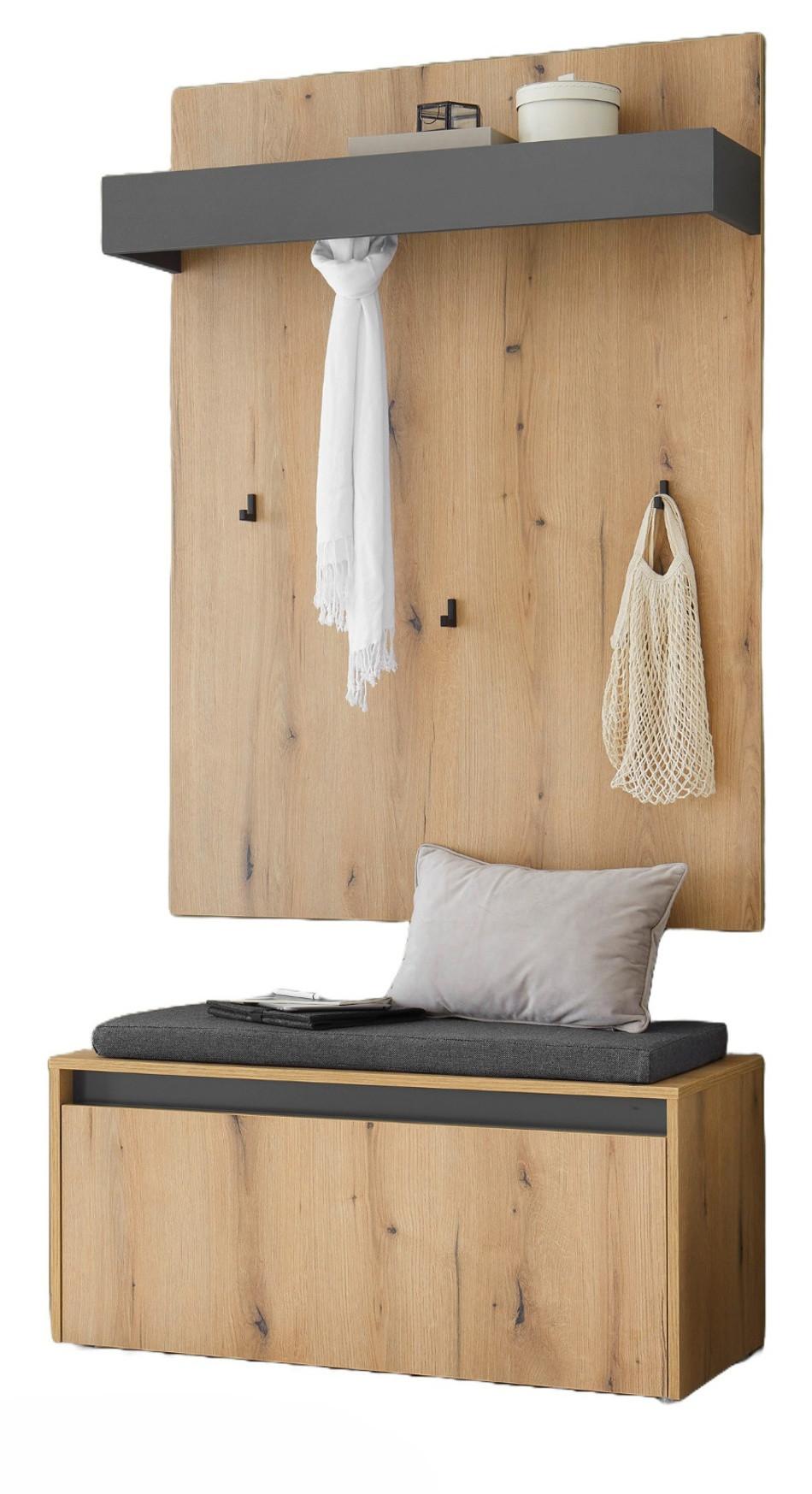 GARDEROBEN-SET Evoke Eiche, grau 100 cm 3-teilig, Flurgarderobe inkl. Sitzkissen - Eichefarben/Schwarz, Holzwerkstoff/Kunststoff (100/200/40cm) - Furn.Design
