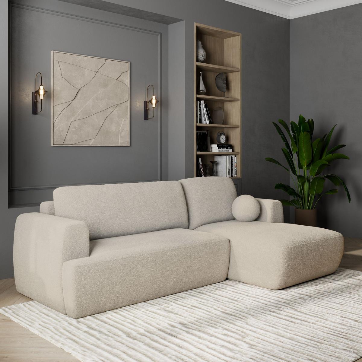 ECKSOFA SENTI N R-S Creme Boucle-Stoff mit Schlaffunktion - Creme/Schwarz, Holz/Kunststoff (246/148cm) - MASSENO