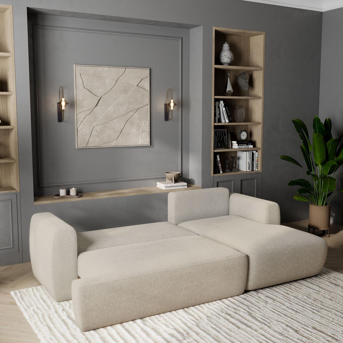 ECKSOFA SENTI N R-S Creme Boucle-Stoff mit Schlaffunktion - Creme/Schwarz, Holz/Kunststoff (246/148cm) - MASSENO