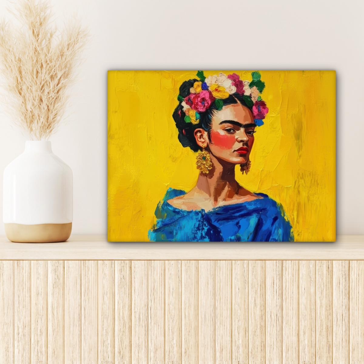 LEINWANDBILD Frida Kahlo - Frau - Gelb - Blau - Blumen Wandbild 40x30 cm - Gelb, Textil (40/30cm) - MuchoWow