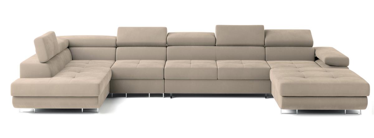 WOHNLANDSCHAFT VELORA L-S Creme Velours-Stoff mit Schlaffunktion - Creme, Holz (419/90/202cm) - MASSENO
