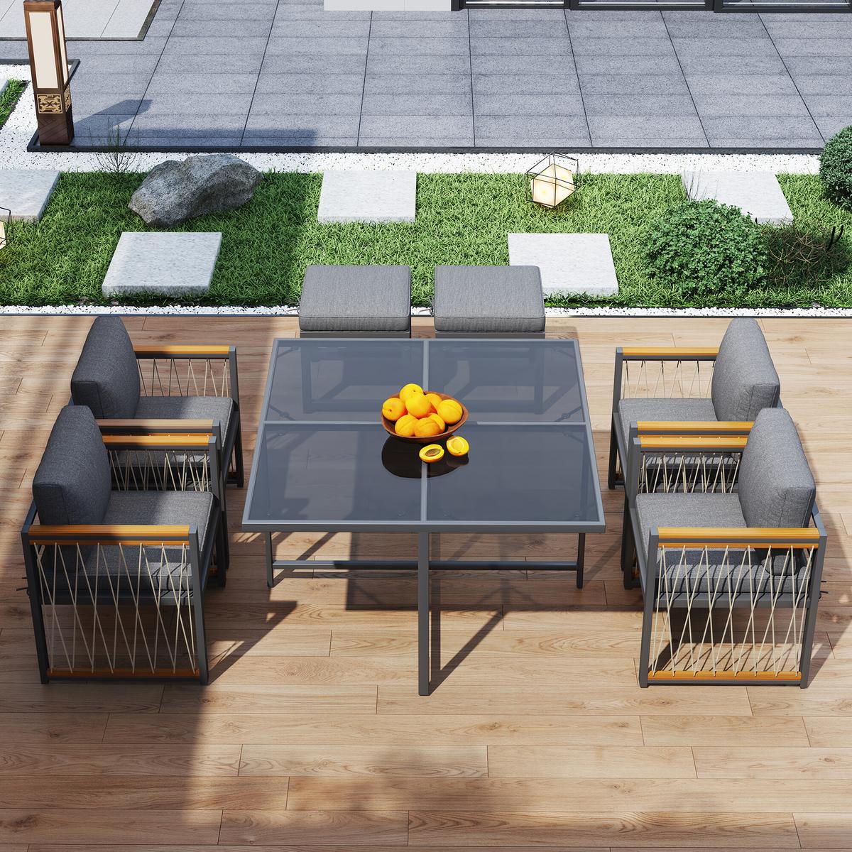 GARTENMÖBEL-SETS mit Sitzkissen 7-teilig - Grau, Glas/Metall - Urban Meuble