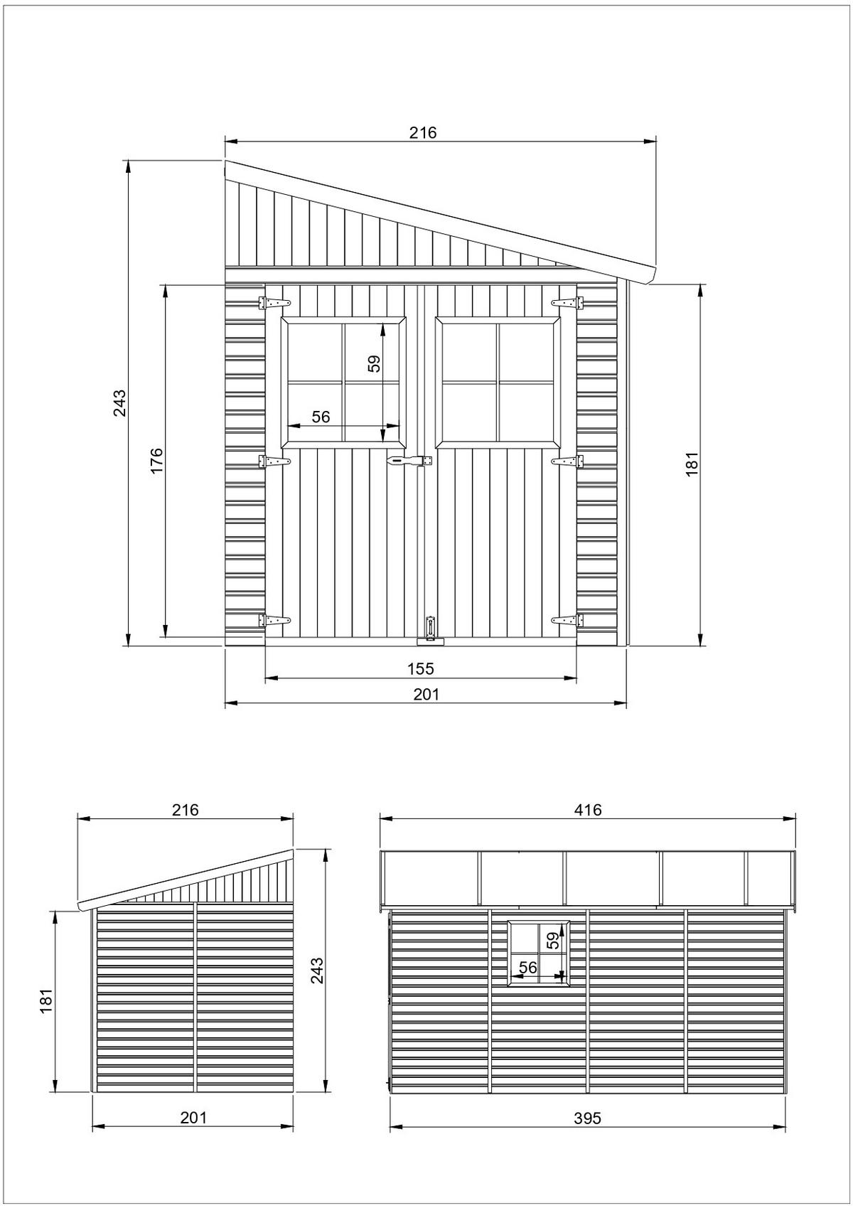 HOLZ-GARTENHAUS (ohne Seitenwand) - H244x211x416 cm/8 m2 - M340 - Beige, Holz (216/243/395cm) - Timbela