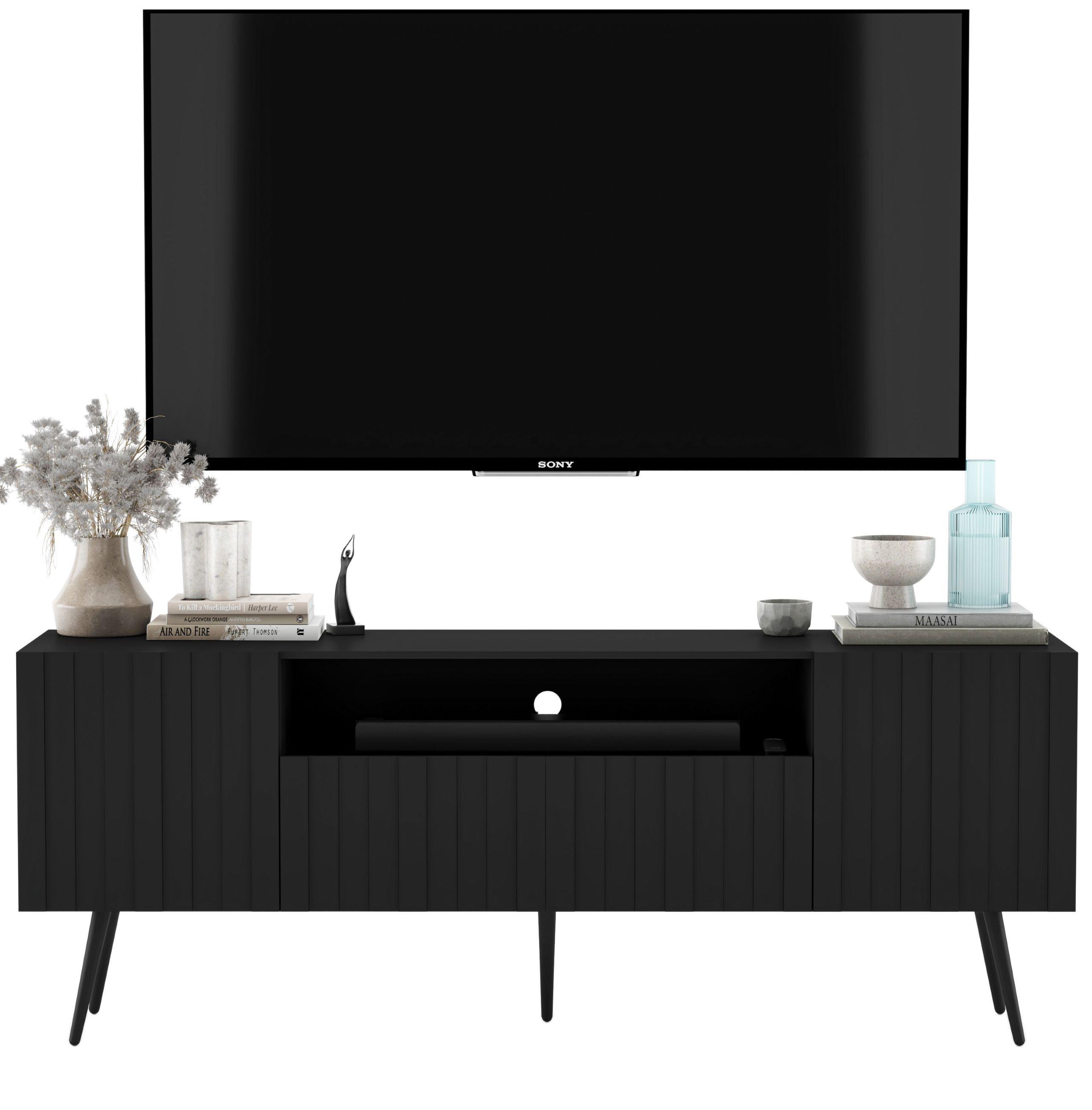 TV-SCHRANK Elpis Schwarz Matt mit Metallbeine Glamour 150 cm - Schwarz, Holzwerkstoff/Metall (150/60.5/36.5cm) - Meble Lindner