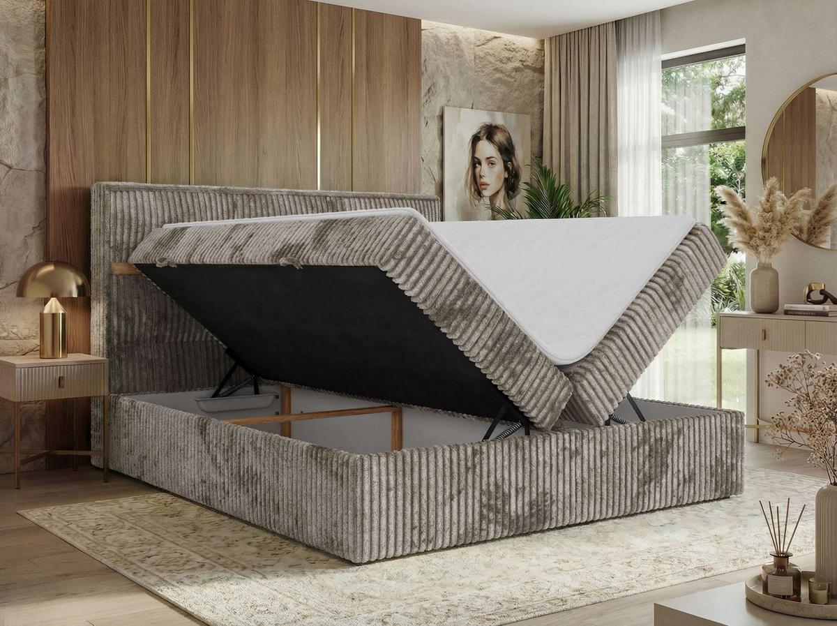 BOXSPRINGBETT ORVO 160/200 - Hellbraun Cord - Topper T25 - H3 - Hellbraun/Schwarz, Kunststoff/Textil (160/200cm) - MKS