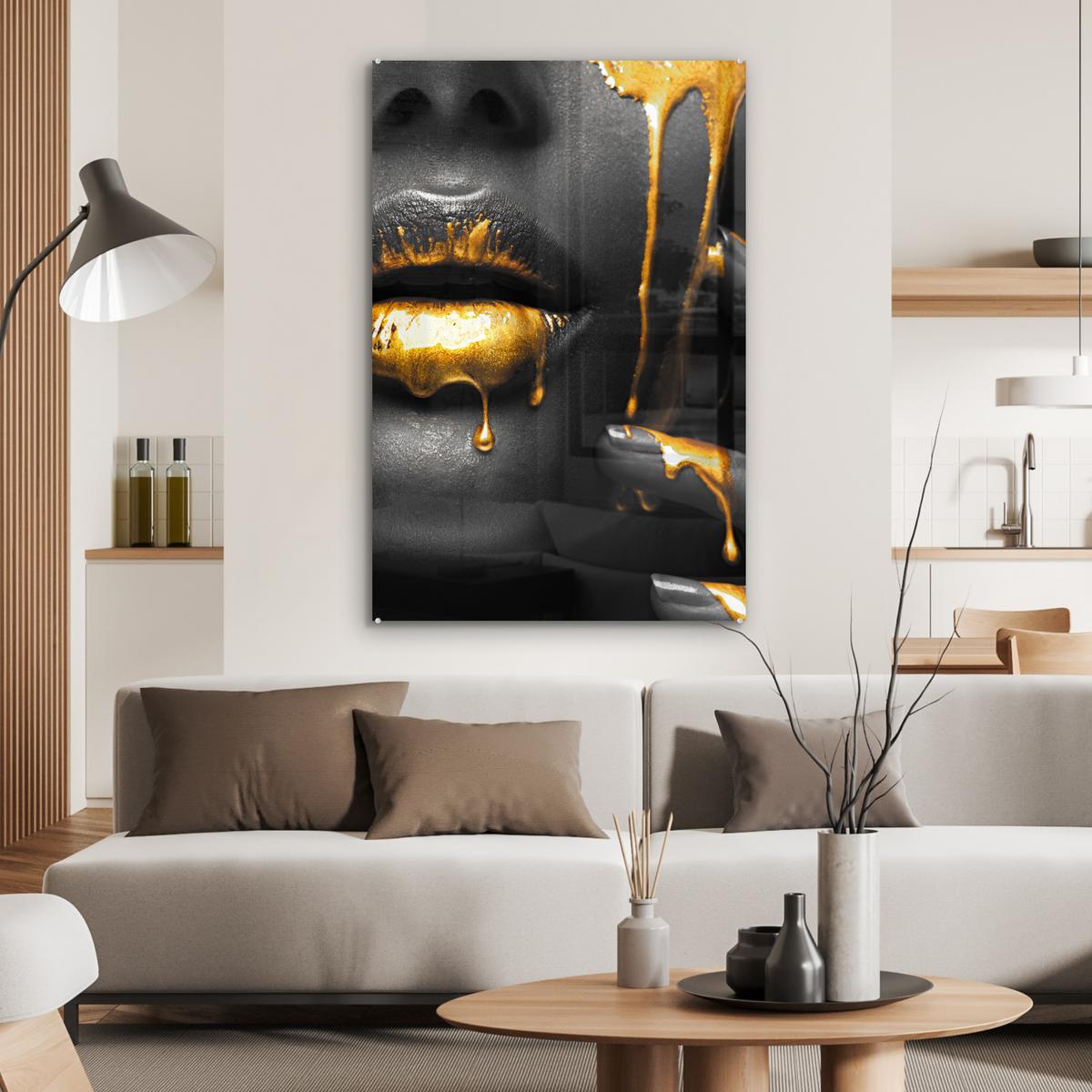 ACRYLGLASBILD Frau - Schwarz - Gold - Gesicht - Lippen 80x120 cm - Goldfarben, Glas (80/120cm) - MuchoWow