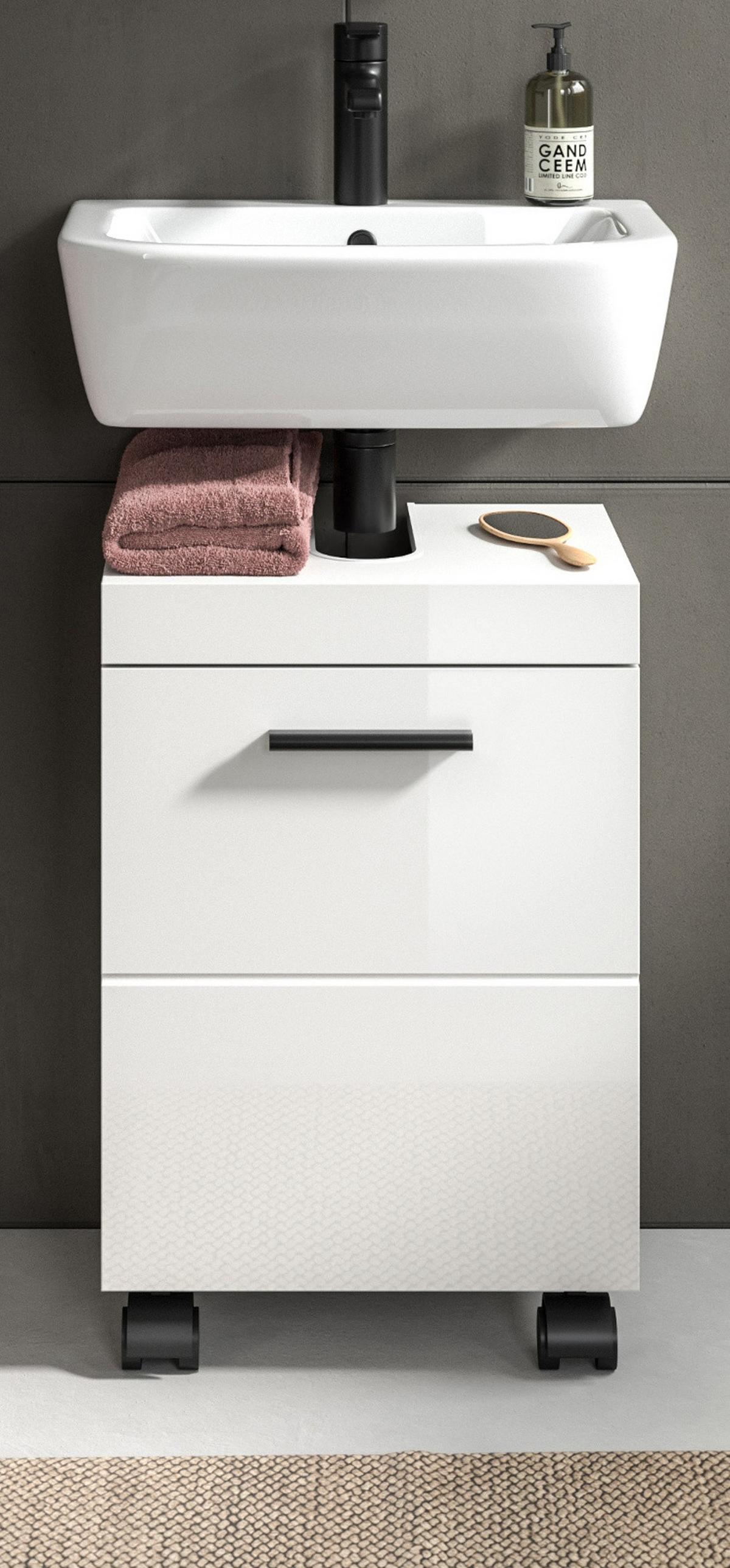 WASCHBECKENUNTERSCHRANK weiß Hochglanz 40 cm, Badschrank auf Rollen - Weiß Hochglanz/Schwarz, Holzwerkstoff/Kunststoff (40/58/30cm) - Inn.Furn