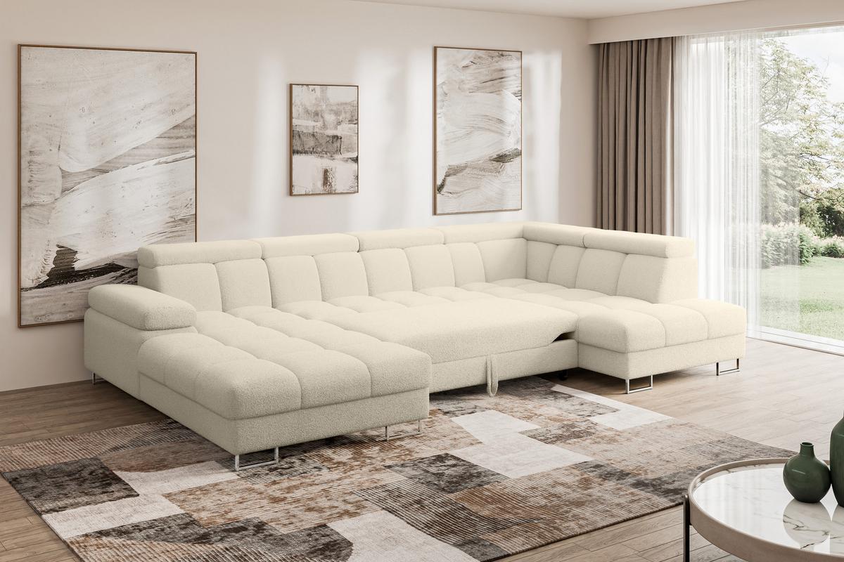 WOHNLANDSCHAFT mit Schlaffunktion und Bettkasten Ottomane RECHTS COMA U 345x203x79 Beige Bouclé - Sandfarben, Holzwerkstoff/Textil (203/79/345cm) - ALTDECOR