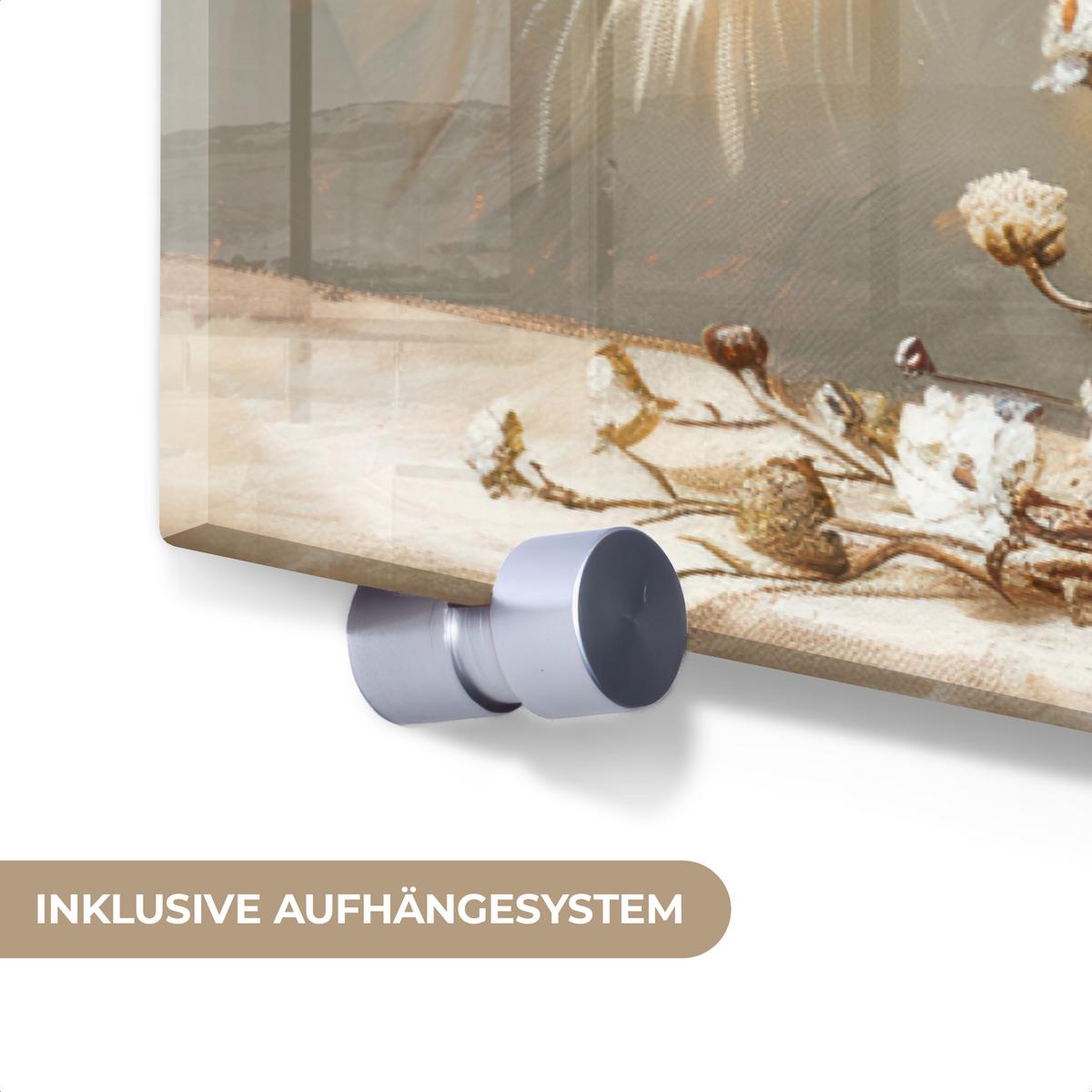 ACRYLGLASBILD Blumen - Vase - Stilleben - Beige Wandbild Schlafzimmer 120x80 cm - Creme, Glas (120/80cm) - MuchoWow