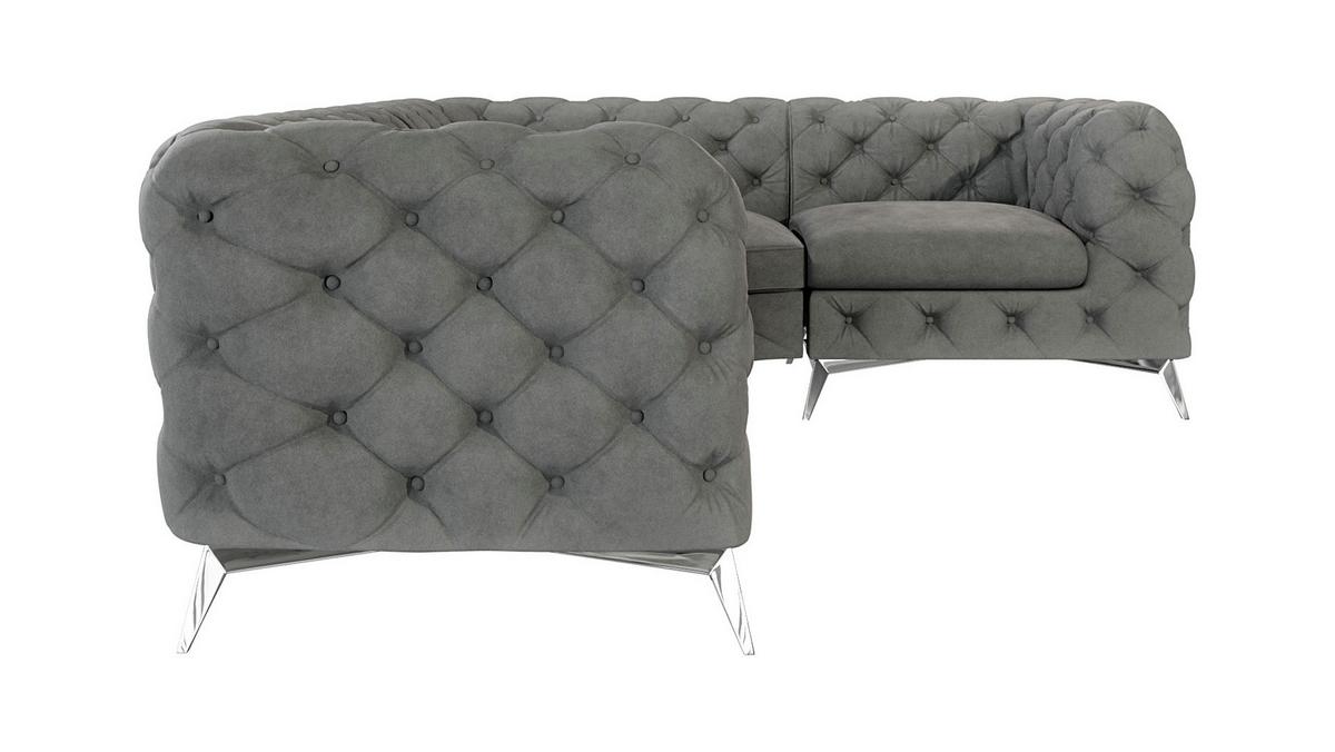 ECKSOFA Chesterfield Laura Grau Samt, Ottomane rechts - Silberfarben/Grau, Holz/Textil (264/204cm) - S-Style Möbel