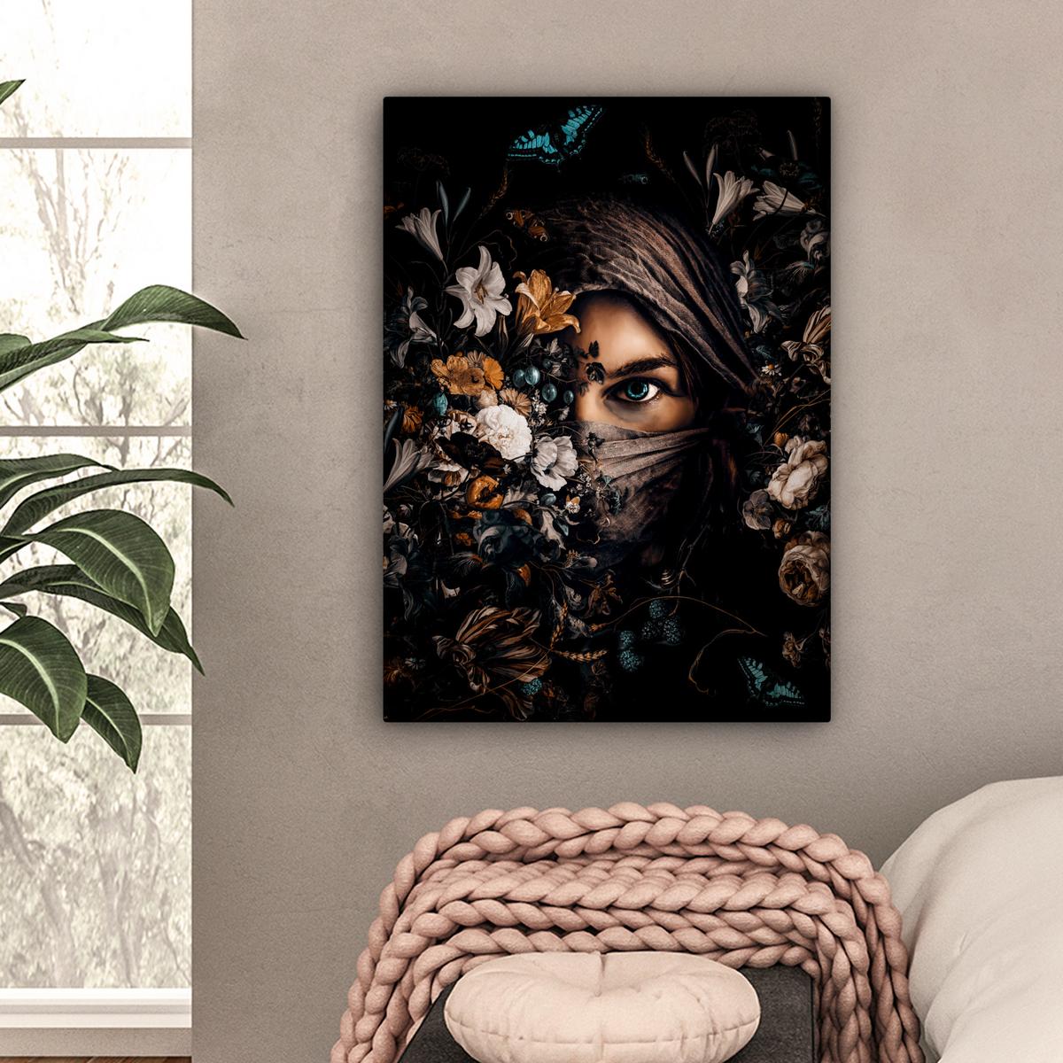 LEINWANDBILD Frau - Luxus - Blumen - Schmetterling - Porträt Wandbild Wohnzimmer 60x80 cm - Schwarz, Textil (60/80cm) - MuchoWow