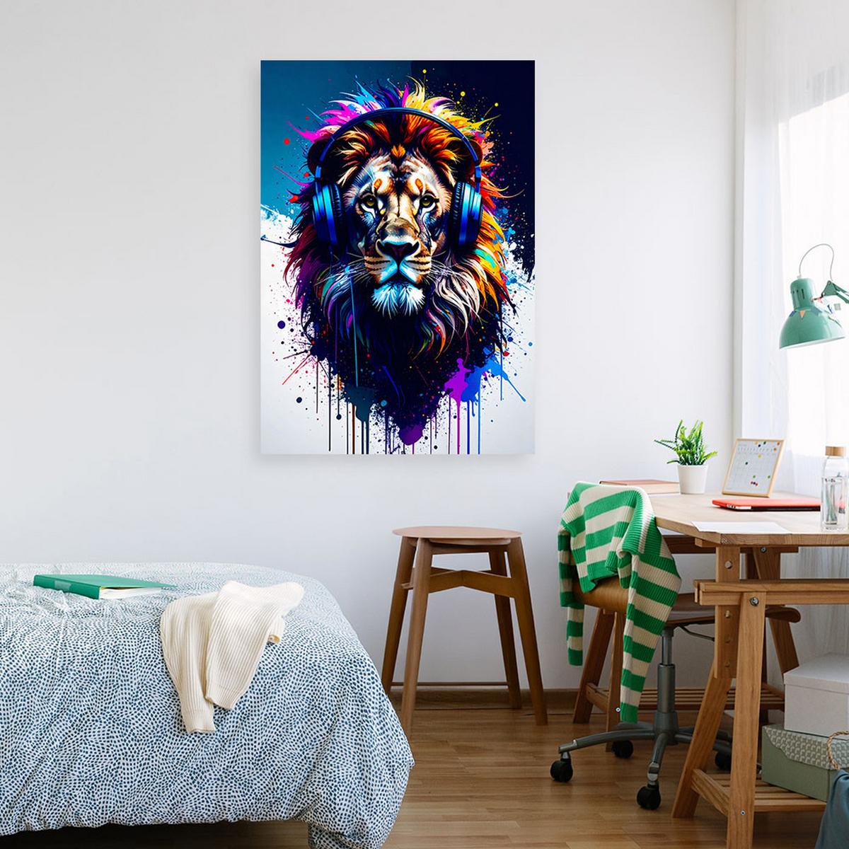 LEINWANDBILD DJ Löwe mit Kopfhörern Musik Bunt 80x120cm - Multicolor, Textil (80/120cm) - Feeby
