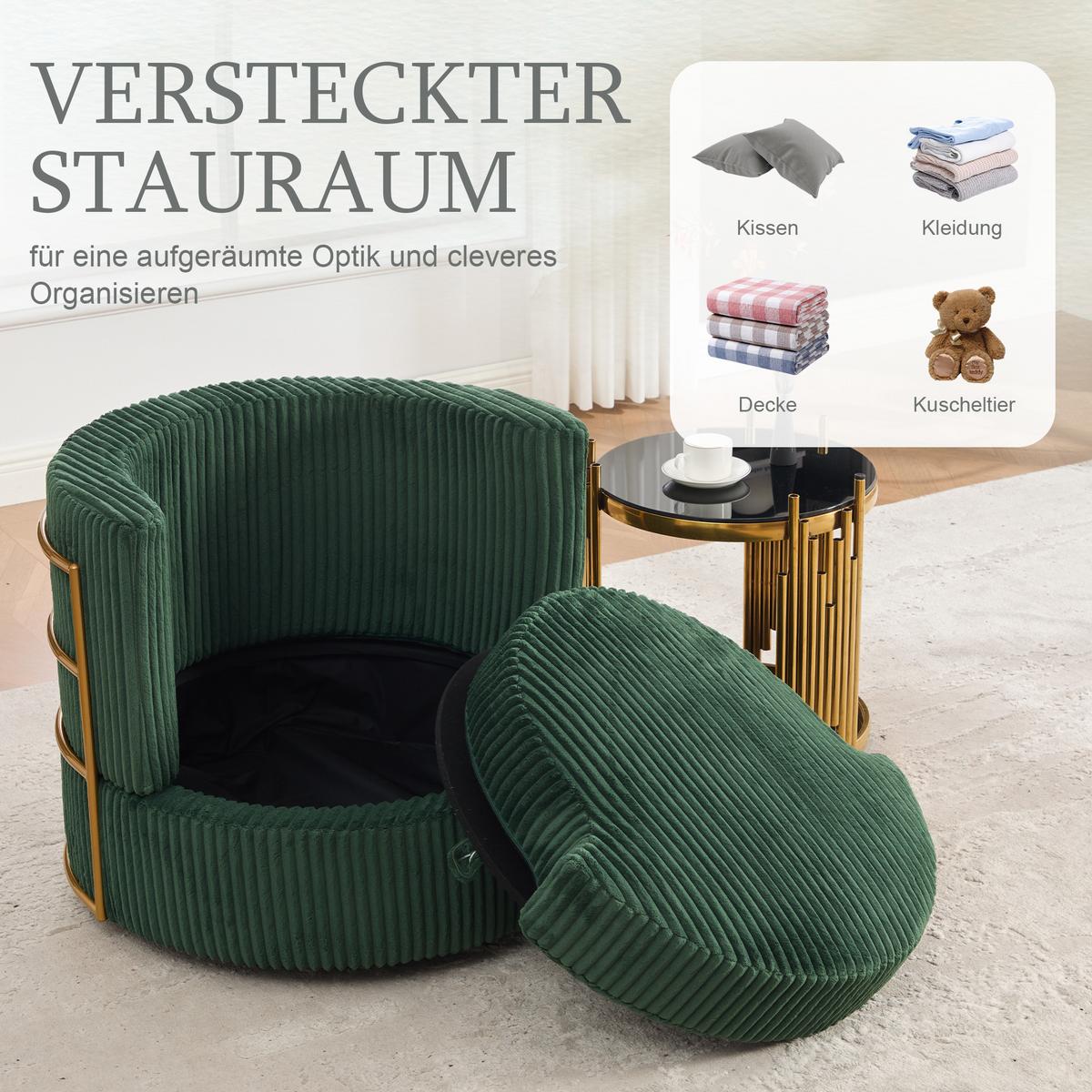 DREHSESSEL Dunkelgrün Cord mit Stauraum & 360° Drehfunktion - Smaragdgrün, Textil (76/65/79cm) - Urban Meuble