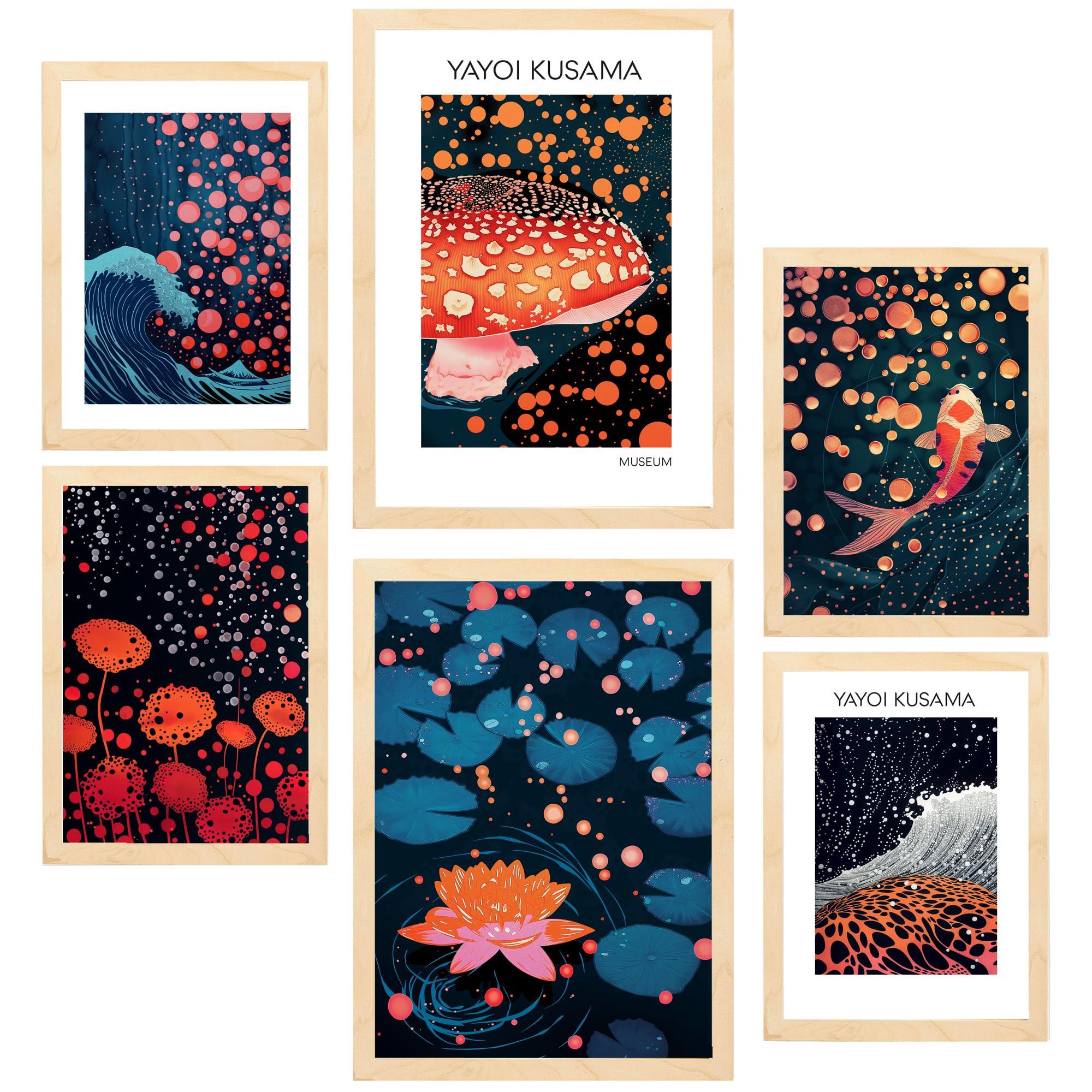 POSTER Set Mit 6 Yayoi Kusama Pilz Ola Japanische Dunkle Farben A3 & A4 Rahmen Aus Hellem Holz - Beige, Papier (29/3cm) - Nacnic