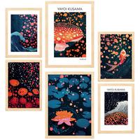 POSTER Set Mit 6 Yayoi Kusama Pilz Ola Japanische Dunkle Farben A3 & A4 Rahmen Aus Hellem Holz - Beige, Papier (29/3cm) - Nacnic