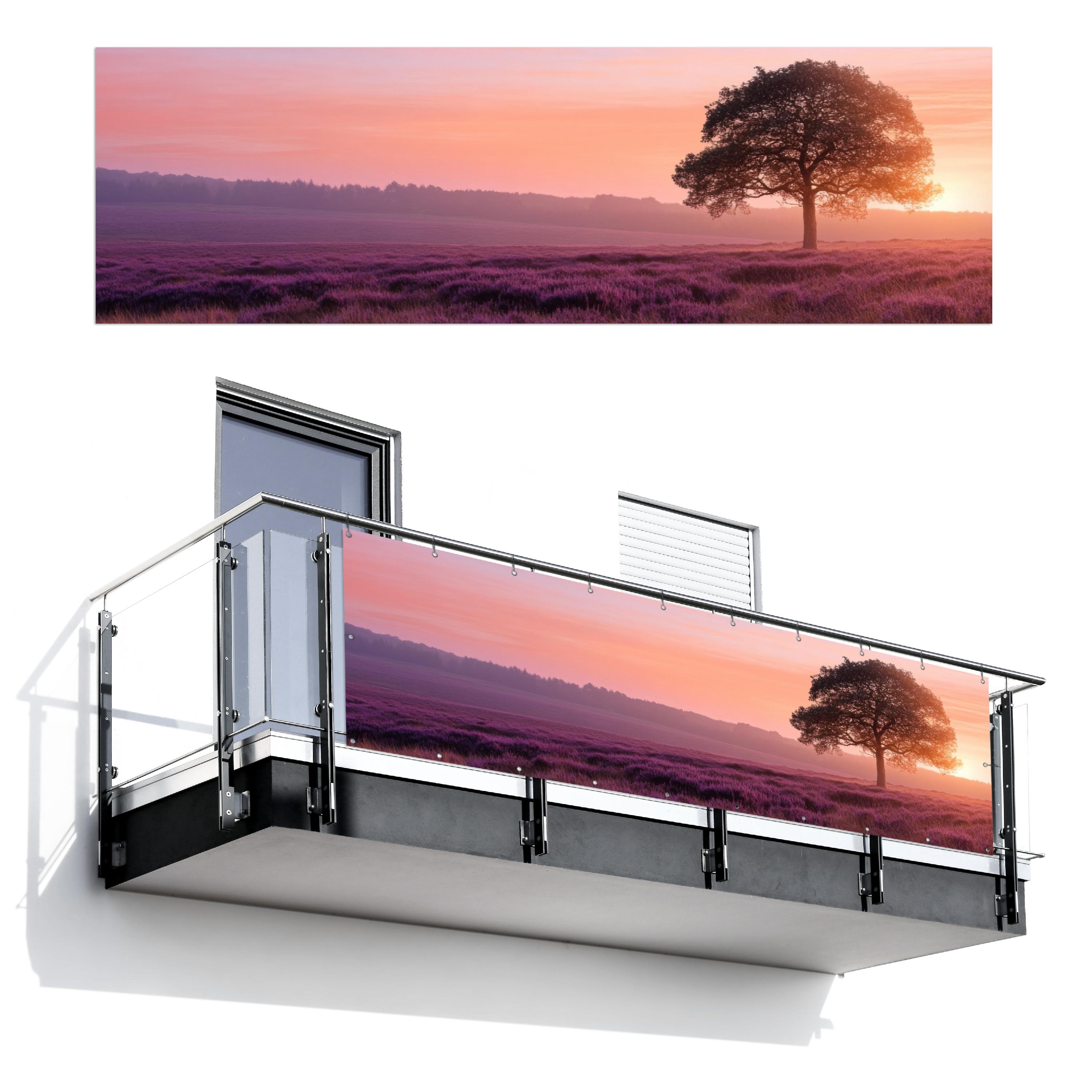 BALKON-SICHTSCHUTZ Baum - Heidekraut - Sonnenaufgang Windschutz 300x90 cm - Flieder, Kunststoff (300/90cm) - MuchoWow