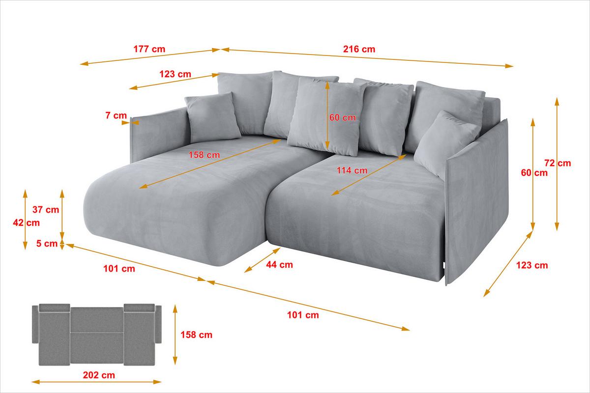 ECKSOFA Ottomane links ONESK-L 216x177x72 Hellgrau Velours - Titanfarben/Hellgrau, Holzwerkstoff/Kunststoff (216/177cm) - ALTDECOR