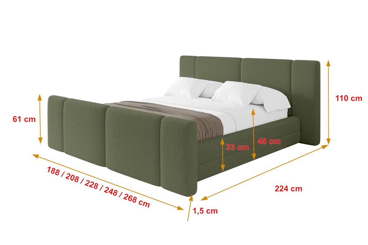 POLSTERBETT mit Bettkasten, Fußteil und Lattenrost, Bett mit Matratze H3/H4 - TEVO-Z 140x200 Grün - Olivgrün, Holzwerkstoff/Textil (140/200cm) - ALTDECOR