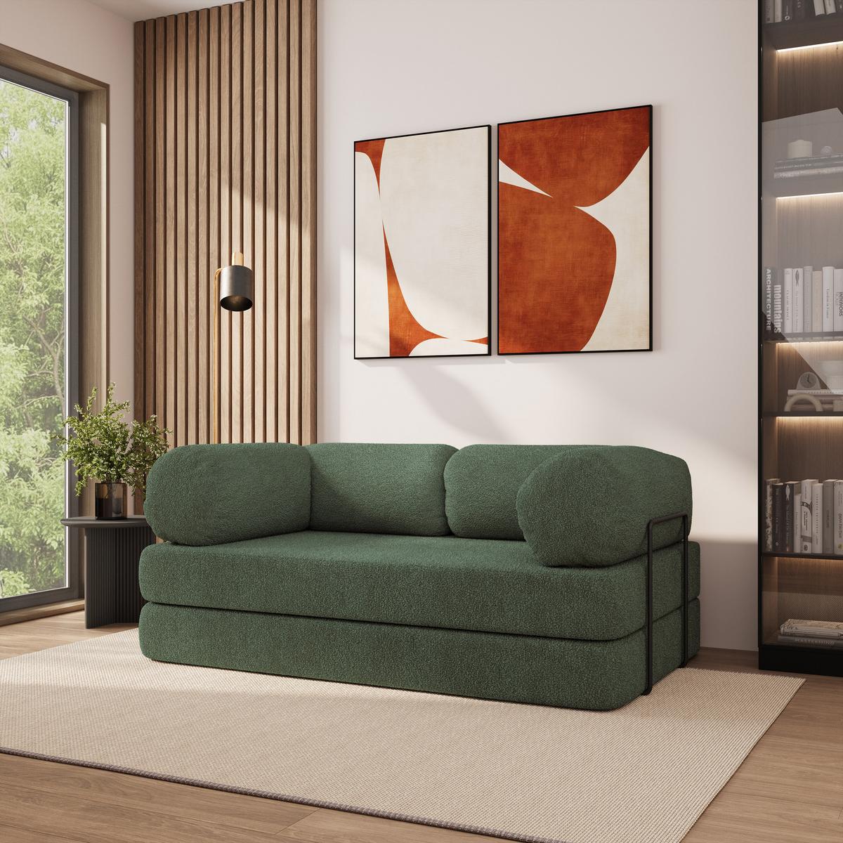 BETTSOFA EIREN aus Schaumstoff Bucle-Stoff Grün Schlaffunktion - Grün, Textil (170/68/80cm) - MASSENO