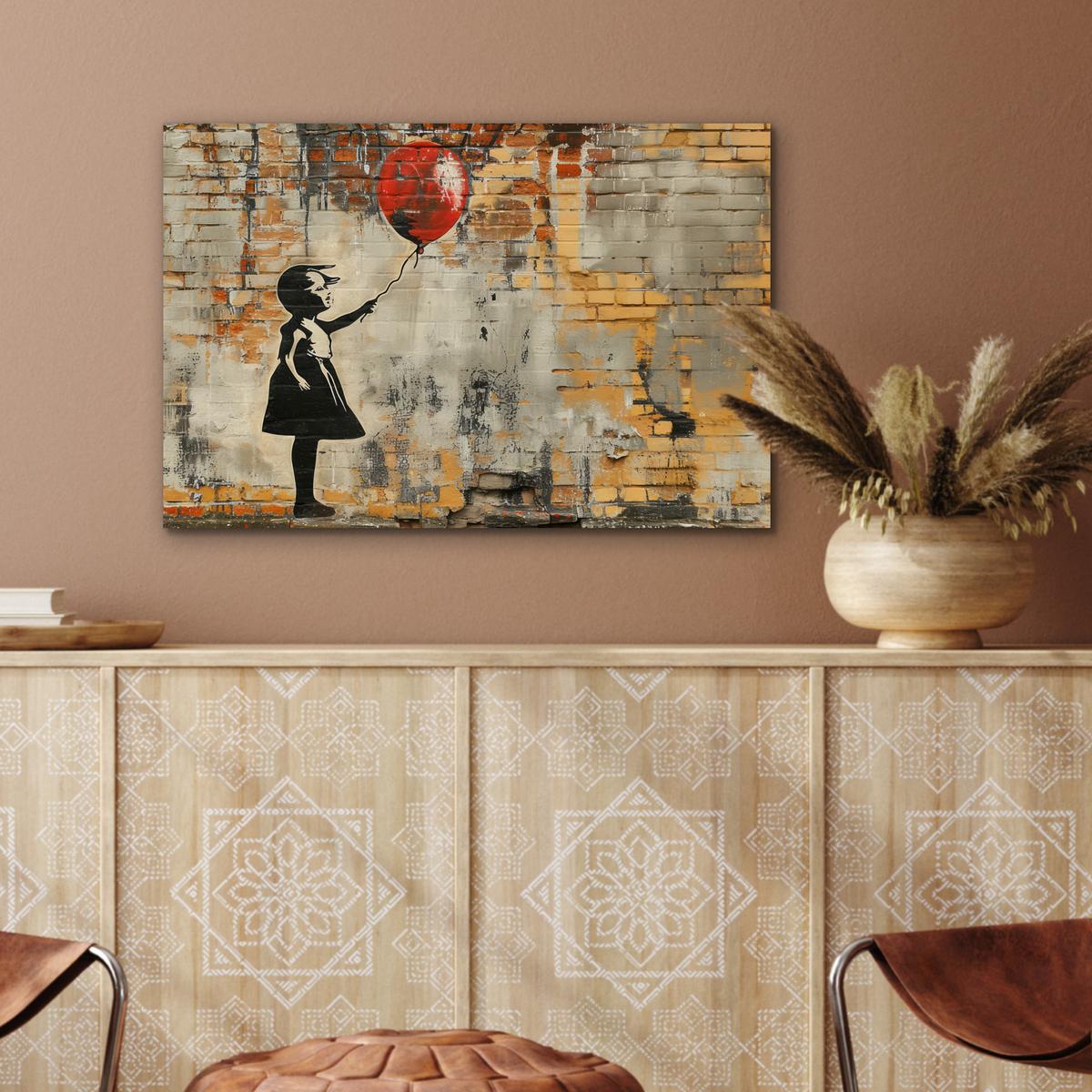 METALLBILD Graffiti - Banksy - Mädchen - Straßenkunst Wandbild 60x40 cm - Sandfarben, Metall (60/40cm) - MuchoWow