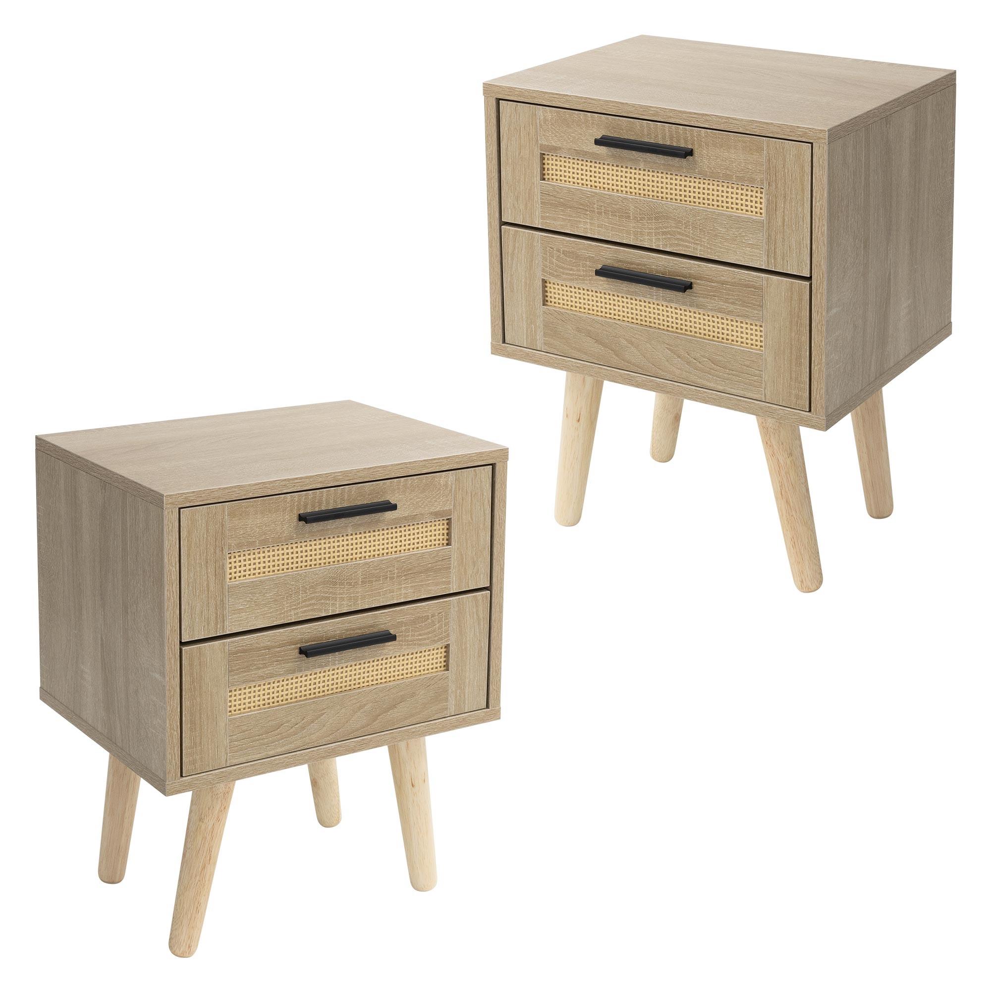 NACHTTISCH 2er Set mit 2 Schubladen 40x50,5x30 cm Eiche Optik Rattanfront - Beige, Holzwerkstoff (30/50.5/40cm) - ML-DESIGN