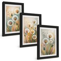 BILDER SET 3er Set - 20x30 cm Schwarzer Rahmen - Löwenzahnblüten, pastellfarbene Gräser - Schwarz, Kunststoff (20/30cm) - TULUP