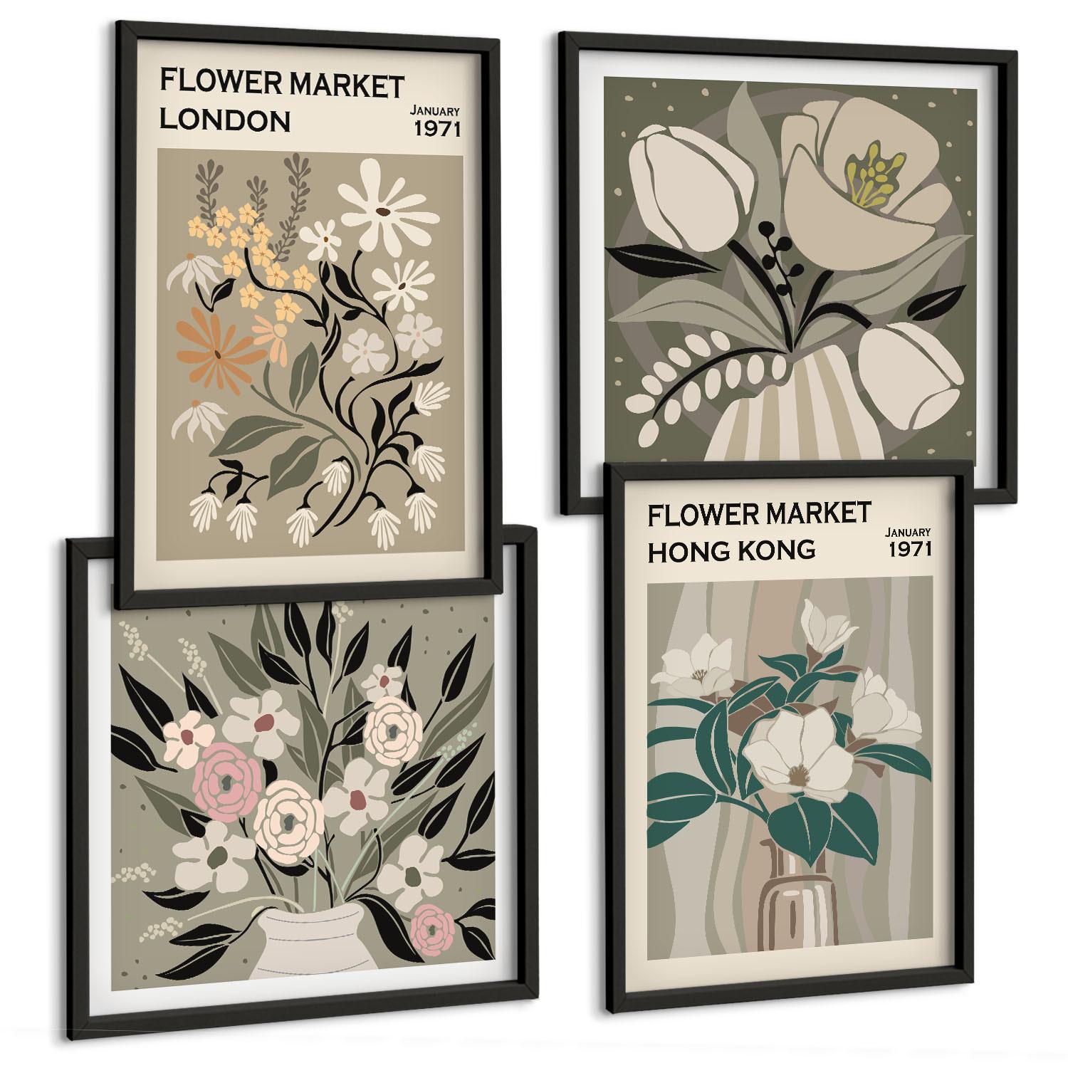 BILDER SET 4er Set - 50x50 cm & 40x60 cm Schwarzer Rahmen - Blumenillustrationen London Hongkong - Schwarz, Kunststoff (50/50cm) - TULUP
