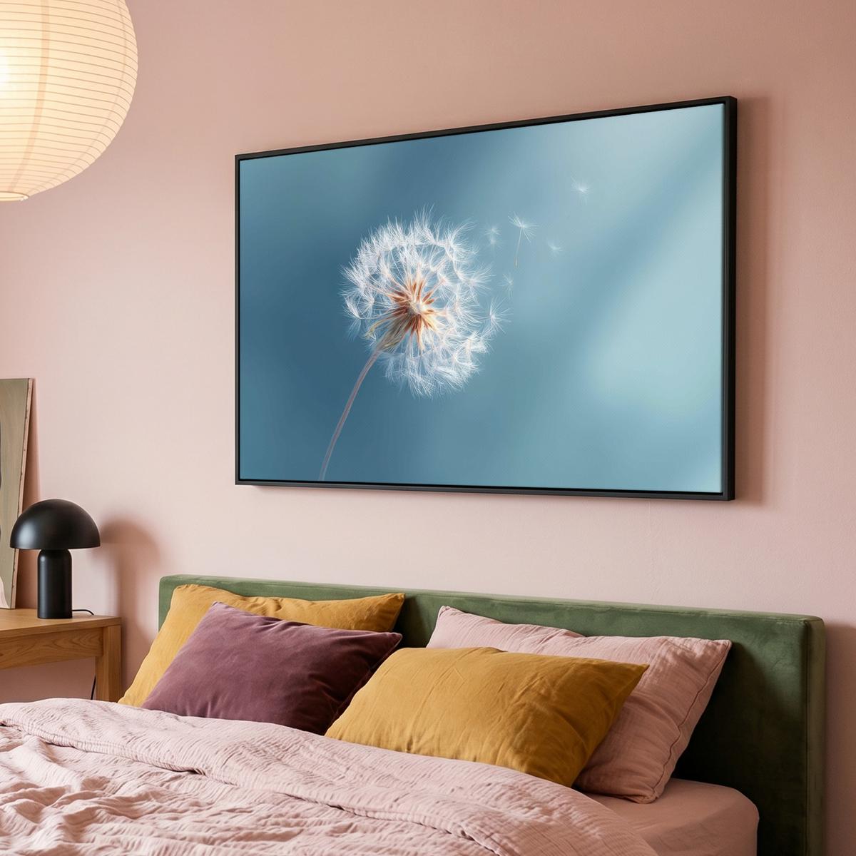 LEINWAND Bilder mit Rahmen - Löwenzahn - Wind - Blau - 150x100 - Blaugrau, Textil (150/100cm) - MuchoWow
