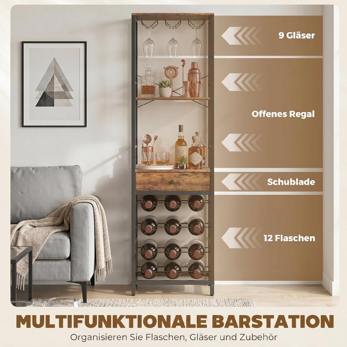 WEINREGAL Spanplatte Metall Rustikal-Braun - Schwarz/Braun, Holzwerkstoff/Metall (30/148/40cm) - HOMCOM
