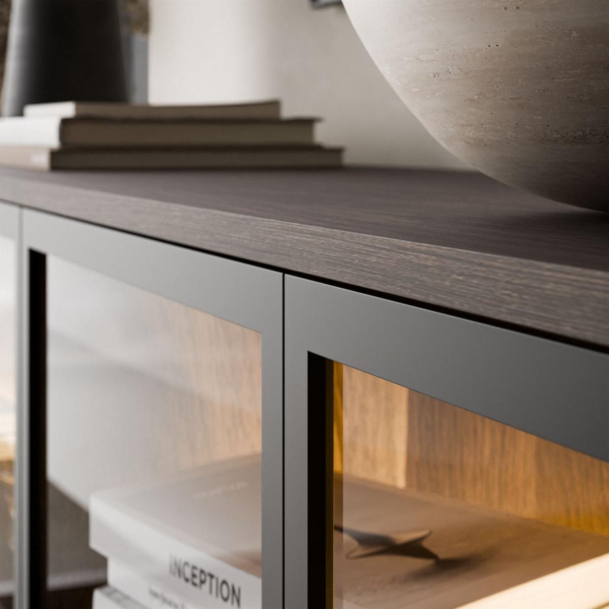 SIDEBOARD LINEA LOFT mit Glasfronten und LED-Beleuchtung Eiche + Schwarz - Eichefarben, Holzwerkstoff (181/83/39cm) - Lookway