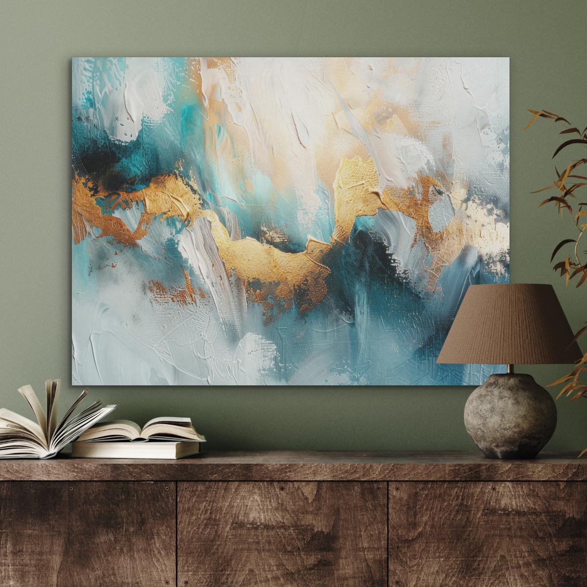 AKUSTIKBILD Abstrakt - Kunst - Gold - Blau Gemälde 80x60 cm - Petrol, Kunststoff (80/60/0.9cm) - MuchoWow