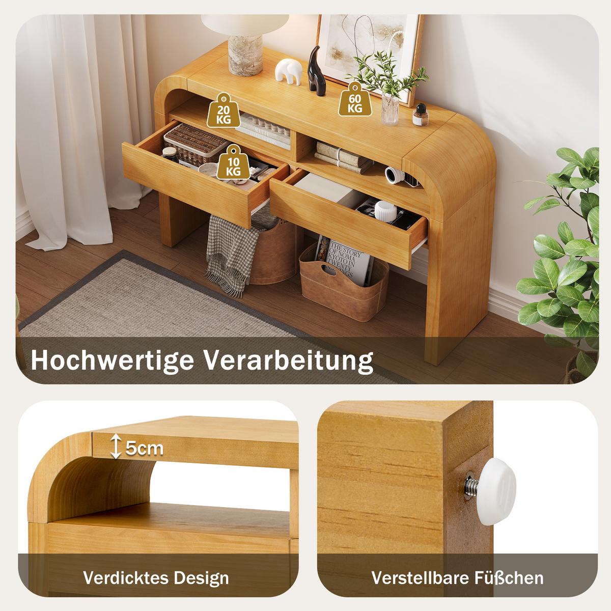 KONSOLENTISCH mdf in natur-holzoptik, geschwungene kanten & 2 schubladen - Naturfarben, Holzwerkstoff (35.5/120/76.5cm) - Urban Meuble