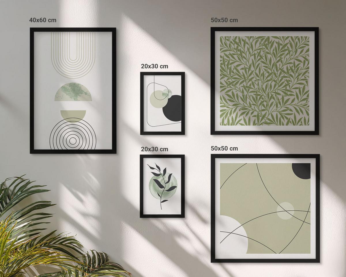 BILDER SET 5er Set - 50x50 cm & 20x30 cm & 40x60 cm Schwarzer Rahmen - Abstrakte Pflanzenmotive - Schwarz, Kunststoff (40/60cm) - TULUP