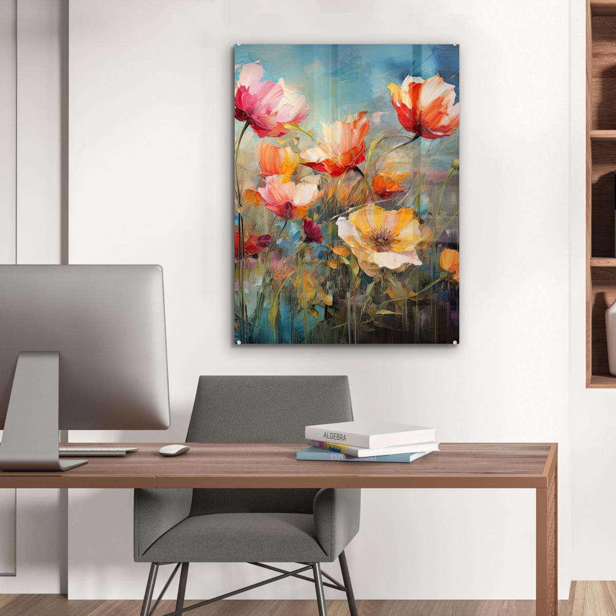 ACRYLGLASBILD Blumen - Aquarell - Kunst - Botanisch - Natur 60x80 cm - Orange, Glas (60/80cm) - MuchoWow