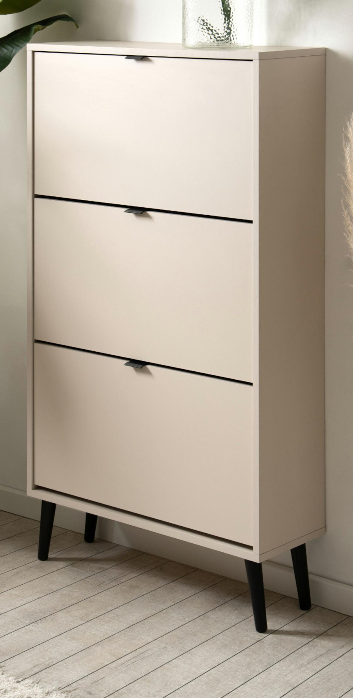 SCHUHSCHRANK samt 70 x 125 cm, Schuhkipper mit großen 3 Klappen - Beige/Schwarz, Holz/Holzwerkstoff (70/125/24cm) - Furn.Design