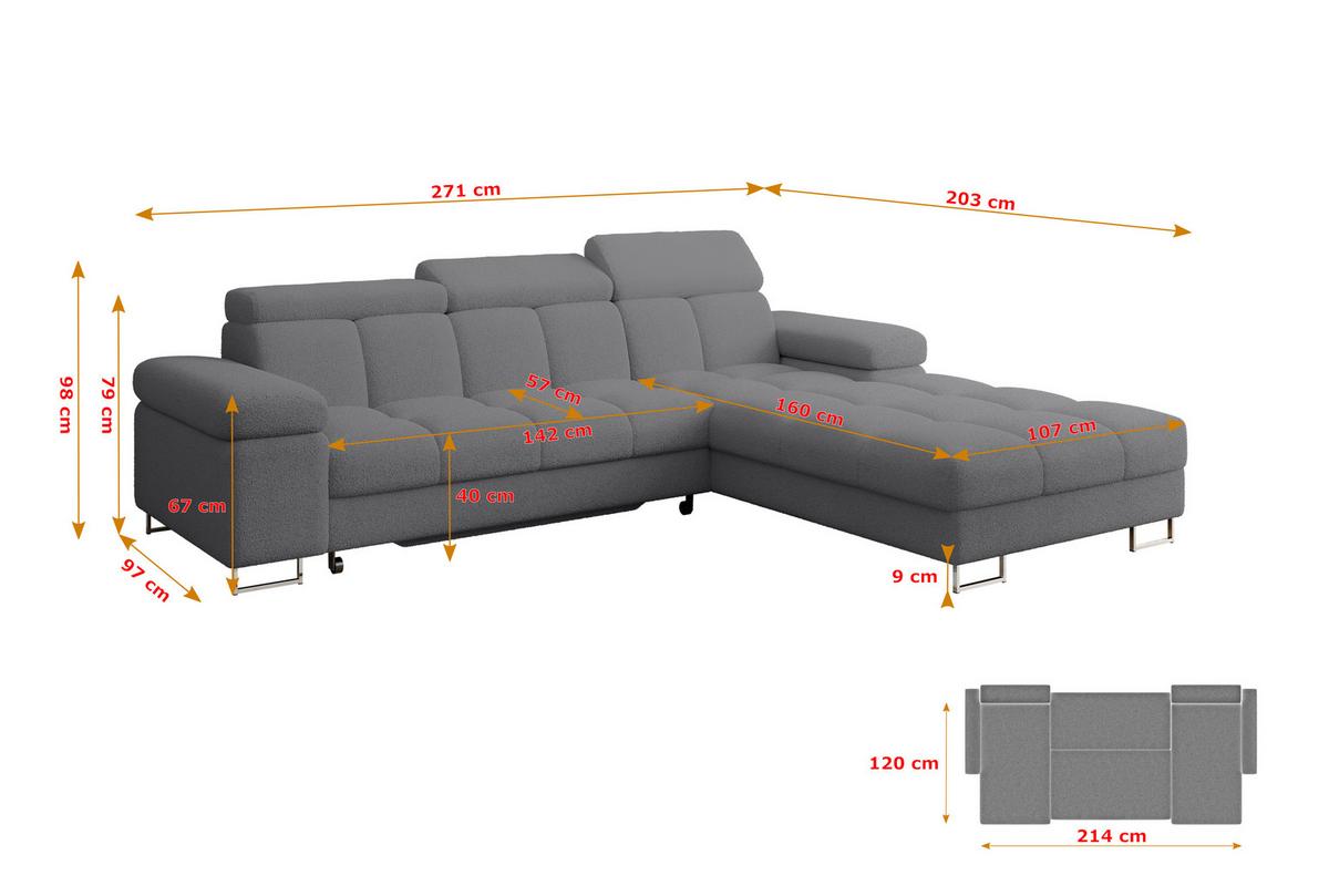 ECKSOFA mit Schlaffunktion Ottomane Rechts COMA L 271x203x79 Grau Bouclé - Chromfarben, Holzwerkstoff/Textil (203/271cm) - ALTDECOR